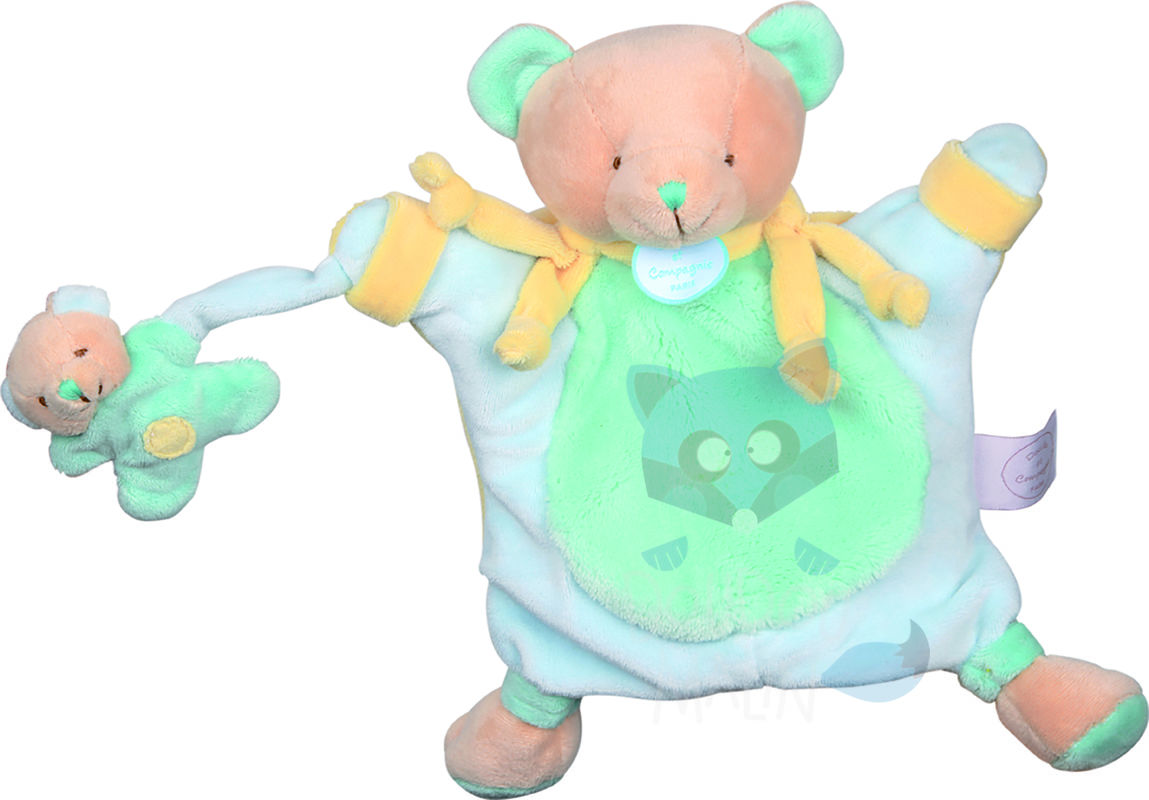 marionnette microfibre ours bébé vert bleu jaune 